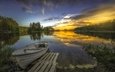 деревья, озеро, закат, отражение, лодка, норвегия, рингерике