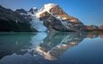 озеро, горы, скалы, снег, отражение, канада, mount robson provincial park, berg lake