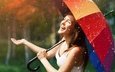 девушка, настроение, улыбка, дождь, зонт, зонтик, шатенка