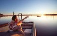 озеро, девушка, гитара, музыка, лодка