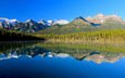 небо, озеро, горы, лес, отражение, канада, альберта, национальный парк банф, герберт озеро