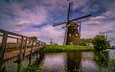 трава, река, природа, пейзаж, мост, канал, нидерланды, ветряная мельница, киндердейк