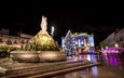 ночь, огни, елка, фонтан, франция, праздник, рождество, монпелье, площадь комедии