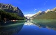 озеро, горы, лес, лодки, дом, канада, альберта, национальный парк банф, озеро луиз