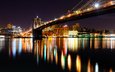 ночь, огни, отражение, зеркало, сша, нью-йорк, бруклинский мост, бруклин, река гудзон