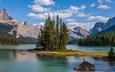 деревья, озеро, горы, остров, канада, альберта, национальный парк джаспер, maligne lake