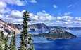 деревья, остров, орегон, crater lake national park, озеро крейтер, кратерное озеро