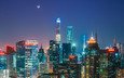небо, ночь, огни, горизонт, луна, шанхай, китай, shanghai tower, shanghai world financial center, oriental pearl tower