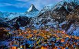 огни, снег, зима, пейзаж, швейцария, альпы, деревня церматт