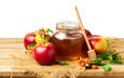 яблоки, листики, мед, яблок, гранат, веточки,  листья, pomegranates, деревянная поверхность
