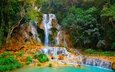 деревья, скалы, природа, лес, водопад, каскад, лаос, kuang si waterfall
