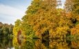 деревья, озеро, отражение, осень, англия, стурхед, уилтшир, пейзажный парк