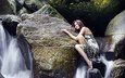 девушка, платье, водопад