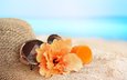 цветы, море, песок, пляж, лето, очки, отдых, шляпа