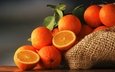 фрукты, апельсины, листики, цитрусы, мешковина