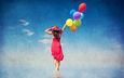 девушка, шляпа, красное платье, шаги, красочные воздушные шары, ходит по воде