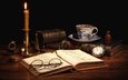 очки, книги, часы, чашка, чай, свеча, натюрморт
