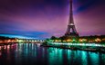 огни, вечер, река, париж, франция, эйфелева башня