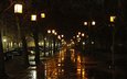 ночь, фонари, город, улица, дождь