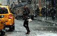 девушка, город, улица, снегопад