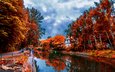 деревья, река, листья, отражение, пейзаж, осень, красота, домик