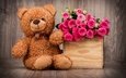 обои, любовь, роз, плюшевый медведь, букет красивых цветов, романтические
