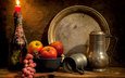 виноград, яблоки, свеча, кувшин, гроздь, натюрморт, блюдо, an image of the past