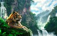 тигр, арт, лес, пейзаж, гора, водопад