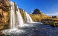 небо, горы, скалы, водопад, исландия, snæfellsnes national park, киркьюфетль