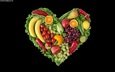 зелень, фон, виноград, фрукты, яблоки, сердце, лимон, черный фон, апельсин, лайм, овощи, помидоры, бананы, перец, груша