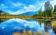 небо, деревья, озеро, горы, осень, канада, альберта, национальный парк банф, minnewanka lake