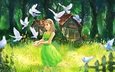 глаза, арт, трава, деревья, природа, лес, девушка, лето, взгляд, забор, волосы, домик, живопись, зеленое платье, белые голуби