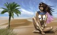 арт, трава, девушка, песок, пустыня, взгляд, пальма, лицо, живопись, египет, египтянка
