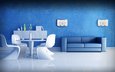 интерьер, гостиная, синяя комната, белая мебель