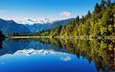 небо, вода, озеро, горы, лес, отражение, новая зеландия