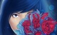 цветы, арт, розы, взгляд, букет, лицо, живопись, девушка. синие волосы