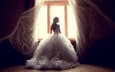 девушка, платье, окно, ветер, занавески, невеста