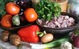 зелень, лук, овощи, мясо, укроп, помидоры, баклажаны, перец, картофель, петрушка