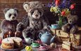 цветы, ситуация, букет, игрушки, семья, чай, чаепитие, медведи, торт