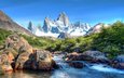 река, горы, снег, камни, патагония, южная америка