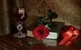 роза, бокал, вино, лента, книга