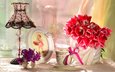цветы, лампа, девочка, букет, тюльпаны, чашка, рамка, бантик, абажур