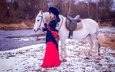 лошадь, зима, девушка, платье, шапка, конь, платок