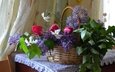 цветы, листья, стол, букет, корзина, тюльпаны, нарциссы, сирень, корзинка, скатерть