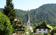деревья, горы, лес, дома, городок, церковь, германия, альпы, бавария, bayrischzell