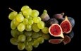 отражение, виноград, фрукты, черный фон, инжир