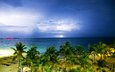 тучи, море, песок, пляж, горизонт, побережье, пальмы, молнии, тропики, багамы, пасмурно, багамские острова