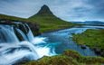 зелень, гора, водопад, исландия, snæfellsnes national park, киркьюфетль
