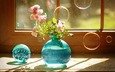 розы, пузыри, шар, букет, окно, ваза, голубая, натюрморт, мыльные пузыри, стеклянный шар, роз