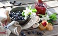 цветы, джем, ягоды, черника, завтрак, веточки, breakfast with berries and jam
